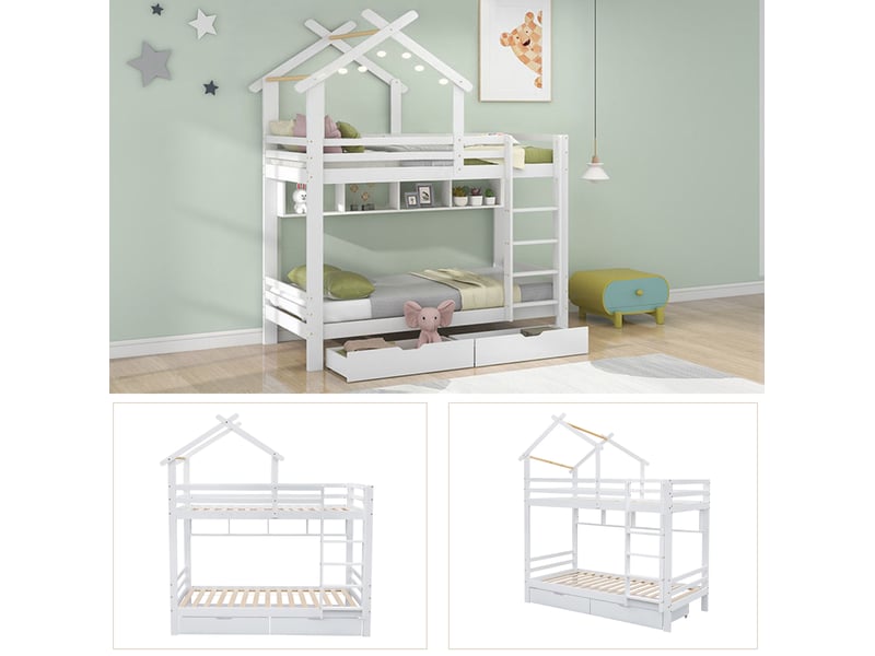 Lit superposé 90x200cm, escalier et sommiers, lit enfant avec compartiments, 2 tiroirs rangement, bois blanc, sans matelas - Conforama E