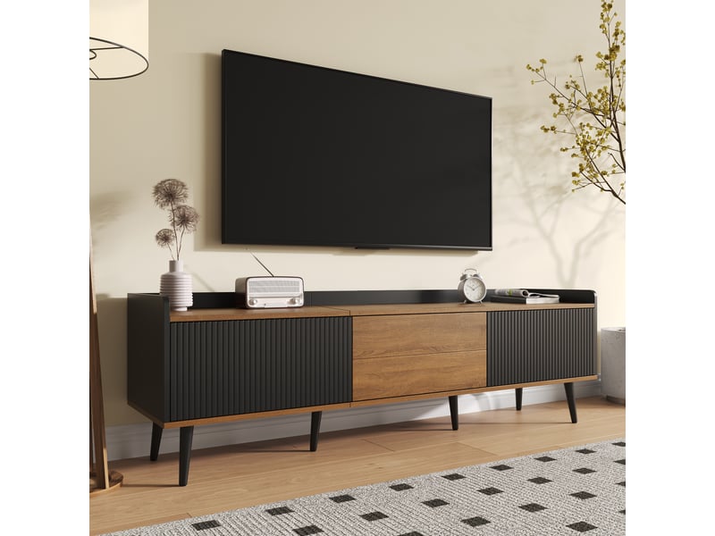  Meuble tv noir et bois 160 cm, meuble tv 3 portes avec bords surélevés et pieds en bois massif pour salon  - Conforama R