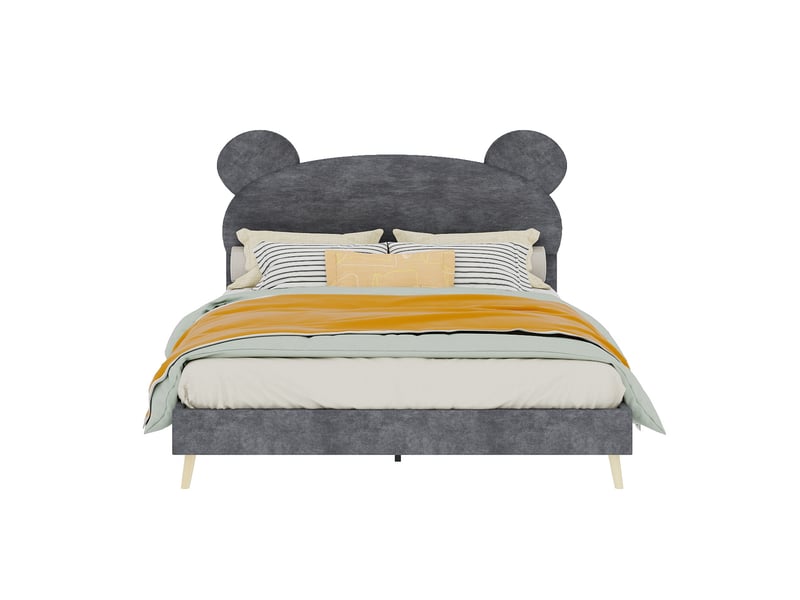  Lit double minimaliste 140x200 cm avec tête de lit cartoon, mobilier de chambre, lit double avec sommier à lattes, gris  - Conforama R