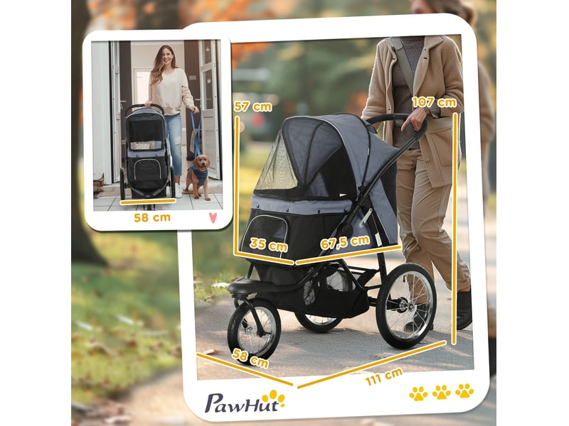 Poussette pliable 111 x 58 x 107 cm – grise – 3 roues tout-terrain, frein, réflecteurs et rangement pratique - Conforama C
