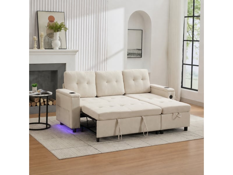 Canapé convertible 3 places d'angle avec rangement caché et éclairage led, beige  - Conforama B