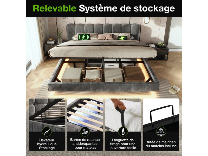 Lit coffre hydraulique 140x200 cm avec led, usb-c, tête de lit capitonnée design nuage, lit double en chenille avec rangement - gris - Conforama E