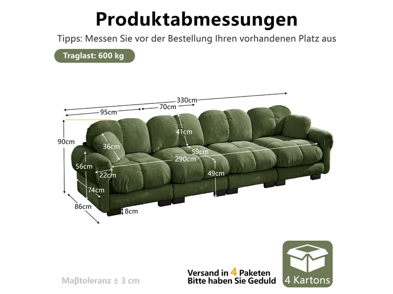 Canapé modulable 330x86x90cm en tissu chenille vert, design contemporain avec coussins épais et dossier ergonomique pour salon moderne - Conforama C