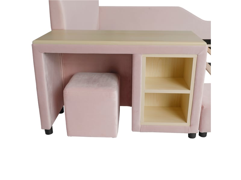  Lit enfant rembourré avec bureau et tabouret - 140x200cm - niches de rangement et revêtement en velours - avec sommier à lattes - rose  - Conforama E
