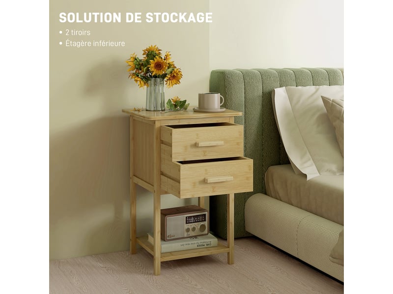  Lot de 2 tables de chevet en bambou 2 tiroirs et 1 étagère naturel 40 x 34 x 60 cm  - Conforama E