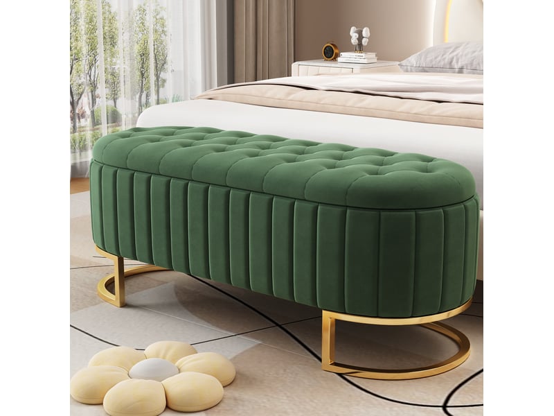  Banc de rangement 120 x 39,9 x 43 cm vert en velours, assise rembourrée, pieds en métal pour salon  - Conforama B
