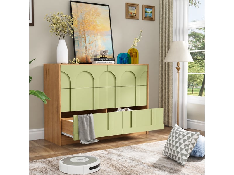  Commode verte 6 tiroirs à motifs arches, poignées dissimulées, décor bois clair, 100 x 34 x 72 cm  - Conforama C