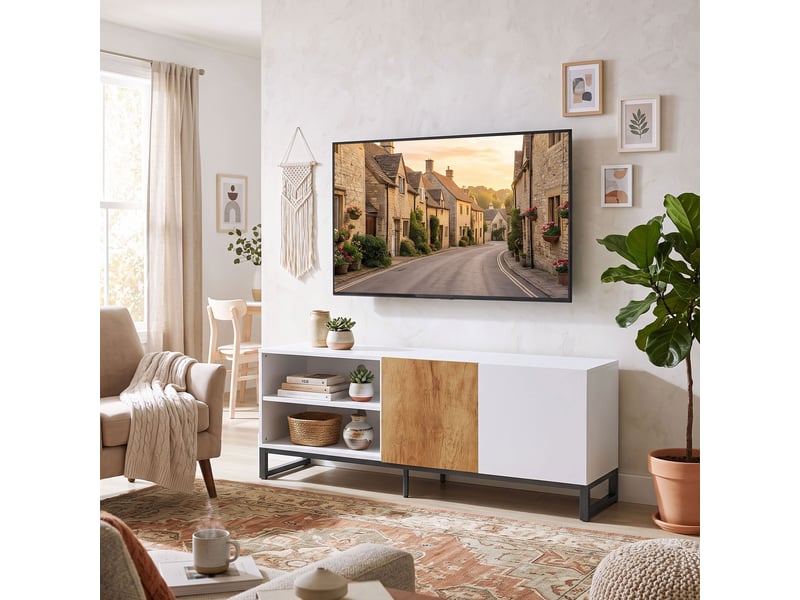 Meuble tv design tricolore blanc effet bois piètement acier noir  - Conforama B