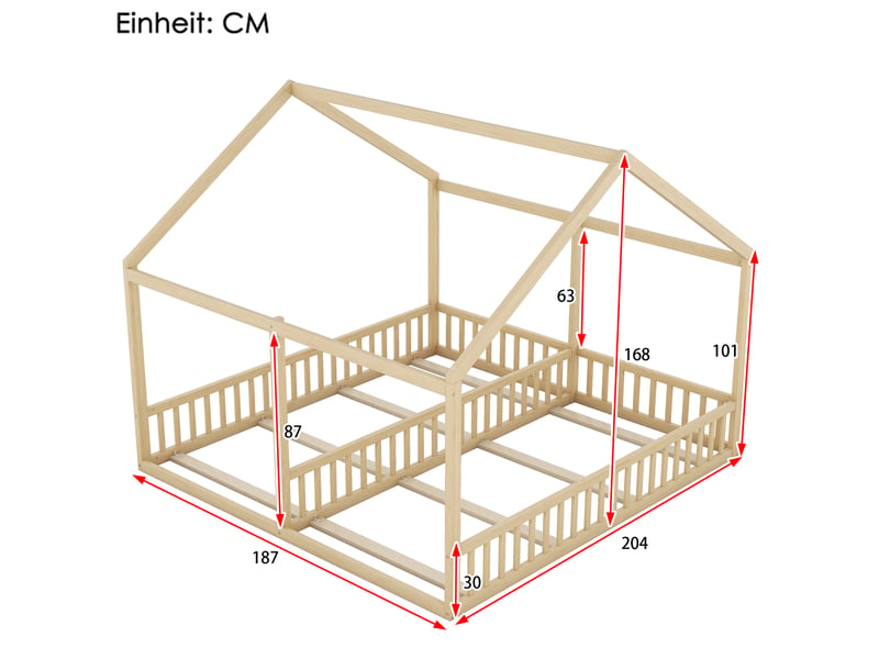 Lit cabane enfant 2 x 90 x 200 cm, 2 lits côte à côte, pin et mdf, naturel - Conforama E