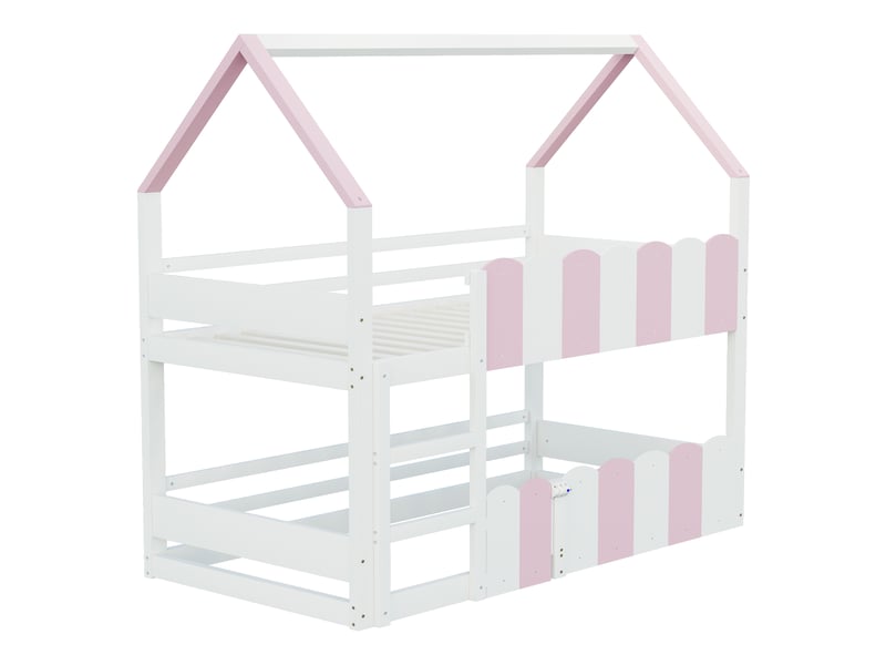  Lit mezzanine enfant 90x200 cm, forme maison, espace inférieur modulable, barrières de sécurité, échelle, bois et mdf, rose OMNIGLINT TRADING LTD - Conforama E