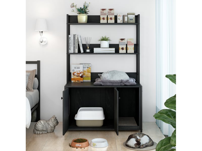  Meuble cache-litière noir avec rangement 3 niveaux et 2 portes  - Conforama B