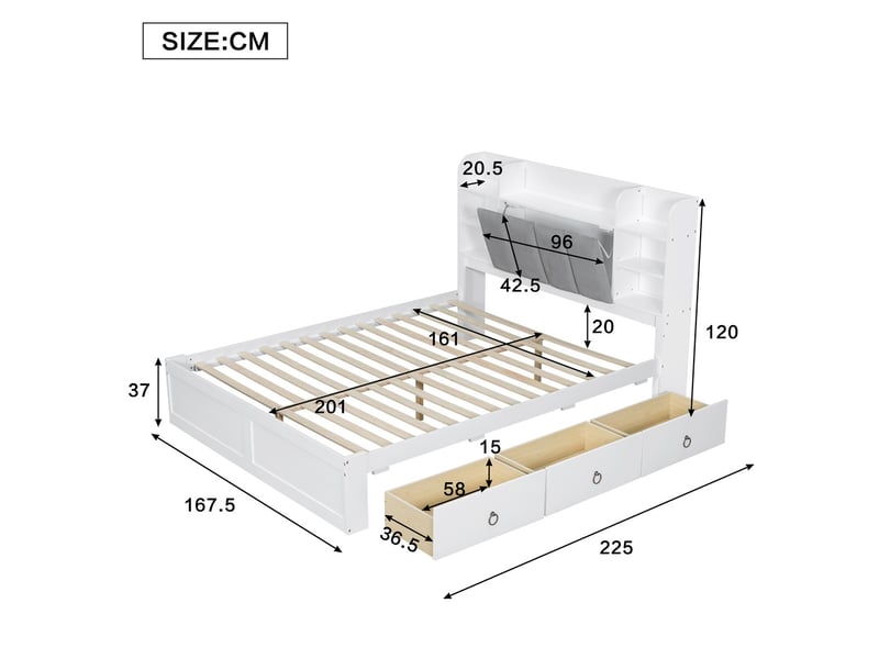 Lit 160x200 cm avec rangement, étagère, 3 tiroirs à roulettes, porte rabattable, cadre en pin, blanc et gris - Conforama C