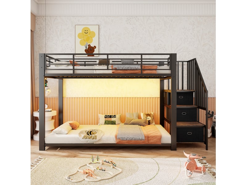  Lit superposé adulte 90x200 cm noir avec escalier de rangement, led et prises usb  - Conforama D
