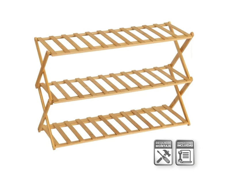  Étagère à chaussures pliable 3 niveaux en bambou naturel, capacité 9 paires - longueur 68 x profondeur 25 x hauteur 46 cm  - Conforama A