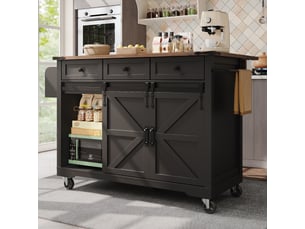 Îlot de cuisine noir avec plateau extensible, chariot sur roulettes avec 2 portes coulissantes et 3 tiroirs, meuble de rangement, 140cm.