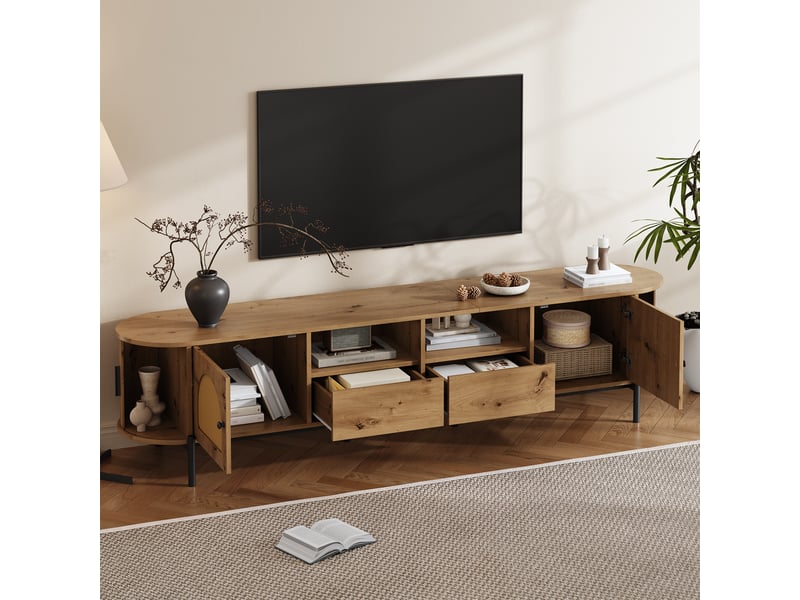  Meuble tv ovale, avec 2 portes coulissantes, 2 portes, 2 tiroirs, niches et passe-câbles, mdf naturel, 200×40×49.5 cm  - Conforama D