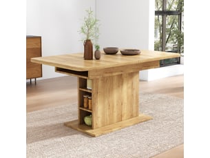 Table extensible avec rangement intégré pour salle à manger en panneaux de particules naturel