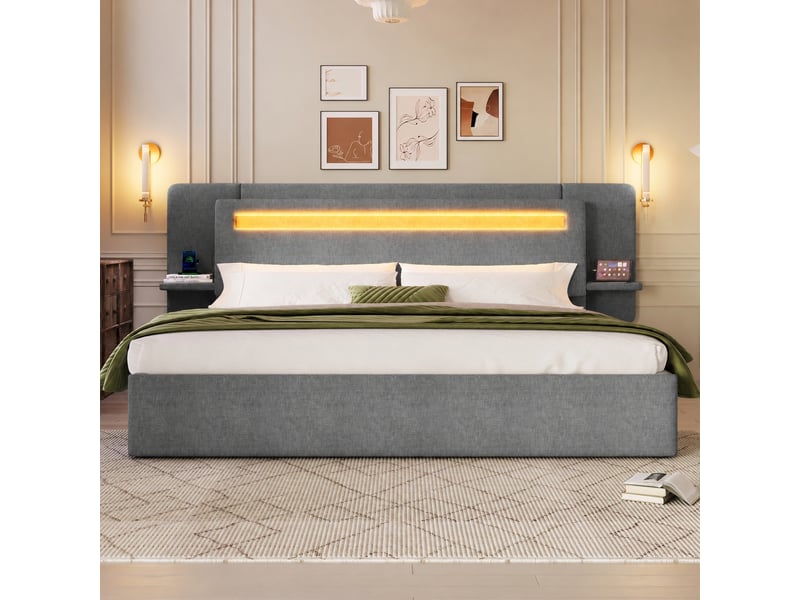  Lit coffre 180 x 200 cm gris rembourré avec rangement hydraulique et éclairage led multicolore, sans matelas  - Conforama B