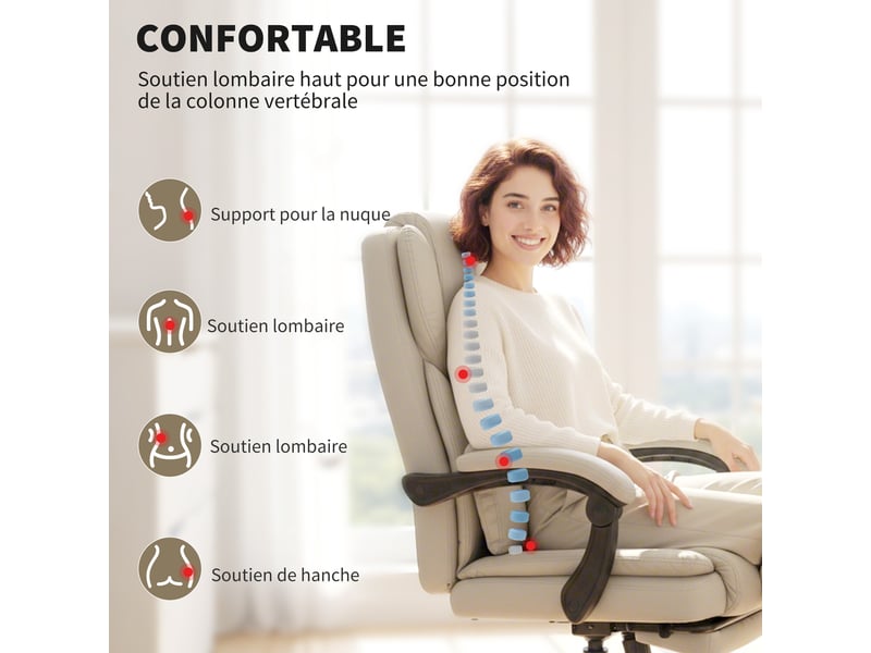  Chaise bureau ergonomique, fauteuil de bureau avec dossier inclinable, 65x67x111-119cm, hauteur réglable, beige  - Conforama A
