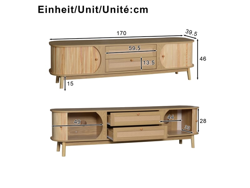  Meuble tv bas 170 x 46 x 39,5 cm portes et tiroirs rotin tressé lamelles bois structure mdf finition bois naturel  - Conforama C
