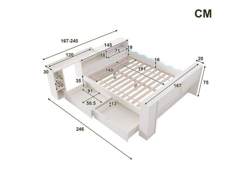  Lit coffre 140x190 cm avec 2 tiroirs, led, prises et tablette coulissante, blanc  - Conforama E