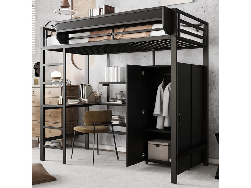  Lit superposé 90x200 cm avec bureau et armoire, métal et panneau de particules, noir, sans matelas  - Conforama B