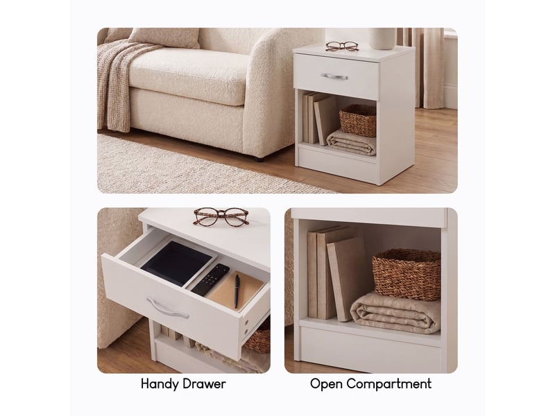  Table de chevet riano, commode de nuit, chambre, 47x40x36cm, set de 2, 1 tiroir, blanc 3332395 - Conforama W