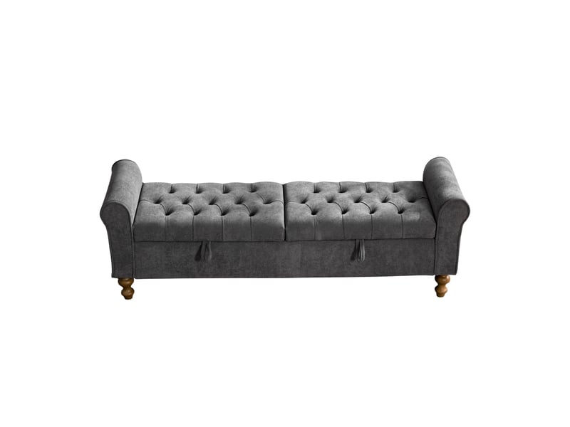  Banquette convertible en velours anthracite 156 x 46 x 51 cm, 2 couvercles rangement,avec accoudoirs roulés  - Conforama A