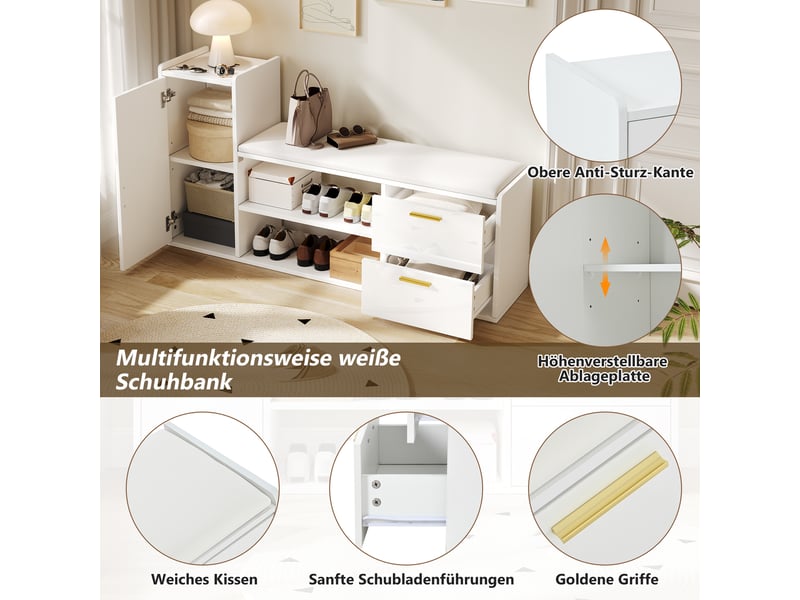 Meuble à chaussures banc laqué blanc 128 cm, 2 tiroirs, 1 porte, assise rembourrée - Conforama E
