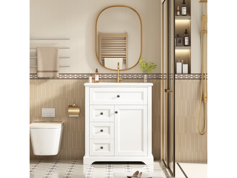  Meuble sous-vasque sur pied 76x46x87 cm blanc, vasque céramique intégrée  - Conforama B