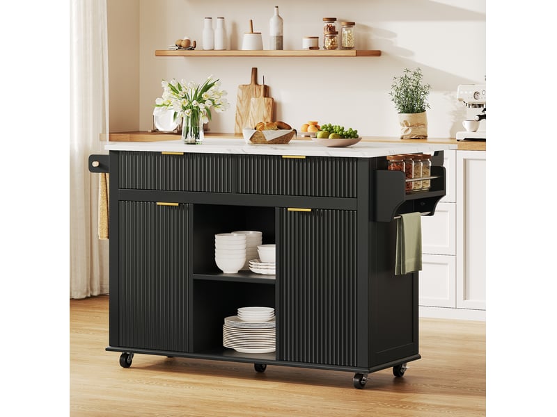  Desserte de cuisine à roulettes 143 x 4569 cm, 2 tiroirs et plateau pliant noir  - Conforama E