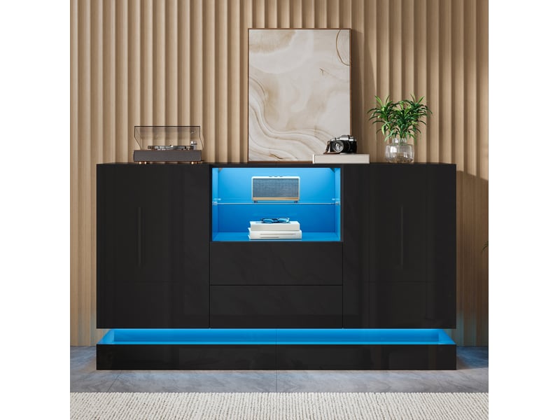 Buffet bas 140x40x84 cm, 2 portes, 2 tiroirs, éclairage led contrôlable par application, panneau de particules, noir - Conforama B