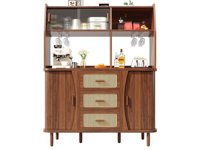  Buffet de cuisine haut 140 x 40,5 x 174,5 cm bois foncé, façade effet rotin, portes vitrées coulissantes, 3 tiroirs et porte-verres  - Conforama A