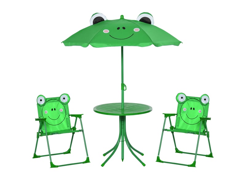  Ensemble table et chaises de jardin pour enfants, set de pique-nique pliable, avec parasol réglable en hauteur (100-125 cm), motif grenouille verte  - Conforama A