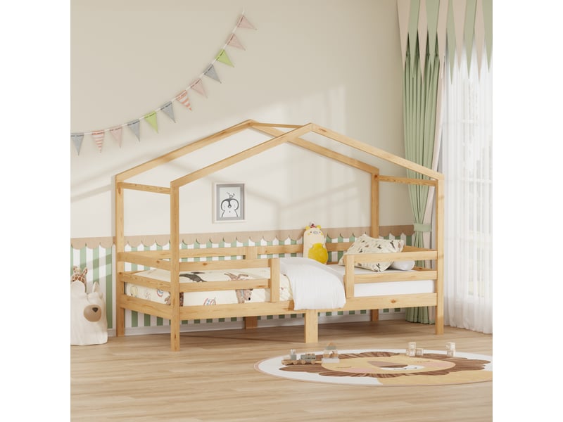  Lit cabane enfant 90x200 en pin massif - barrière de sécurité et sommier inclus  - Conforama R