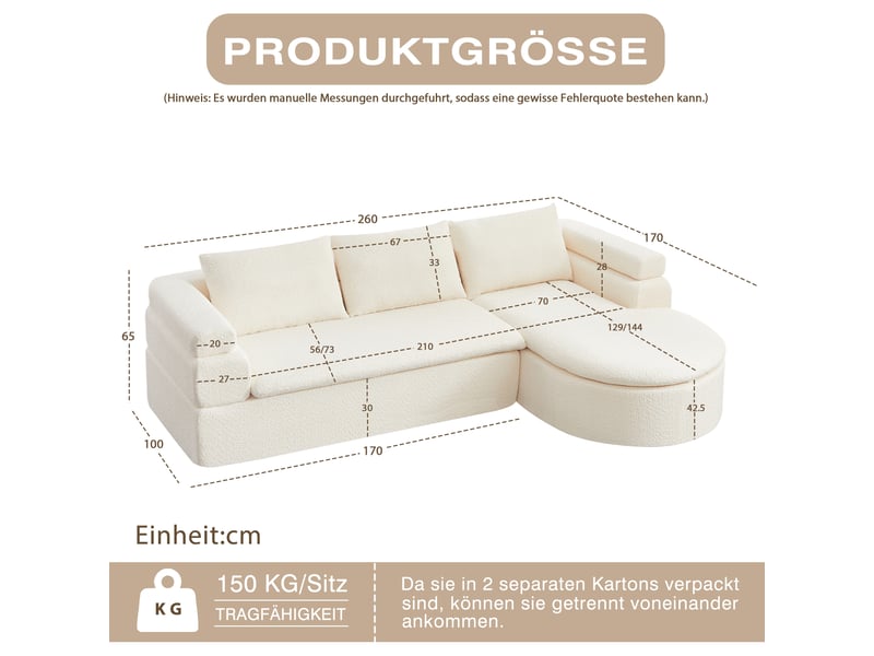 Canapé d'angle - 260 x 170 x 65 cm - canapé de salon divan lounge design l-formé en chenille - blanc crème - Conforama E