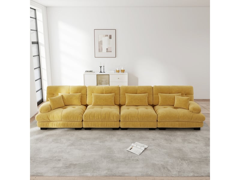  Canapé d'angle modulaire 4 places avec assise profonde et coussins, pour salon, en chenille jaune  - Conforama C