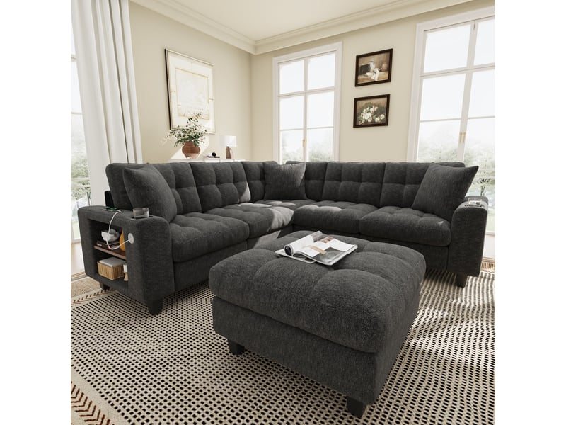 Canapé d'angle modulable xxl 6 places en ul, pouf mobile, accoudoirs bibliothèque, usbtype-c, chenille gris - Conforama B