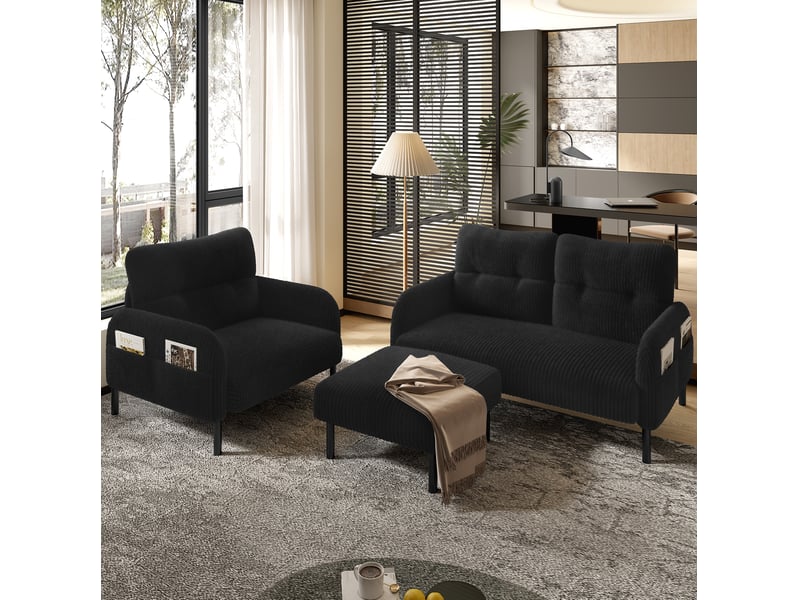 Canapé droit fixe 2 places en velours côtelé noir 120 × 75 × 79 cm avec poche latérale, pour votre salon - Conforama E