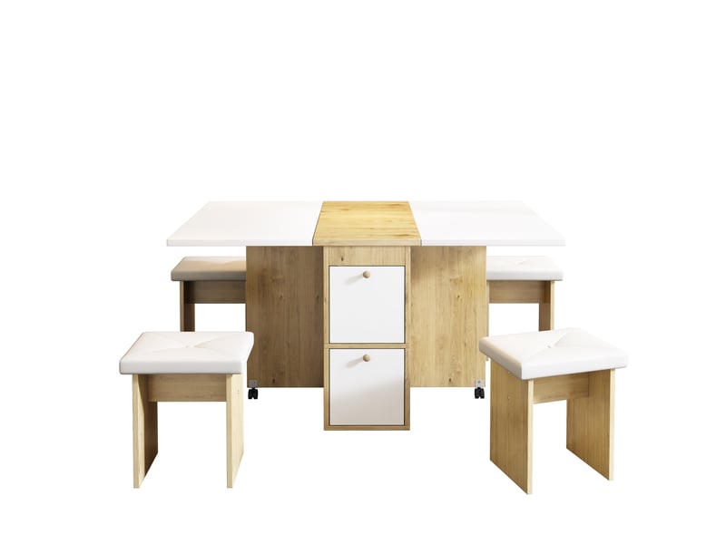  Ensemble table pliante et 4 tabourets extensible 120 × 80 × 75 cm blanc et bois clair pour repas flexibles  - Conforama A