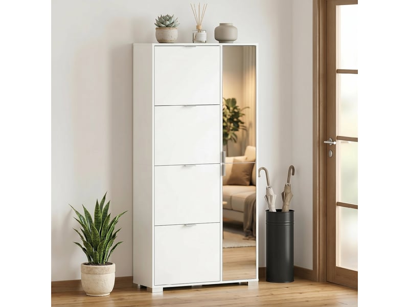  Meuble à chaussures avec miroir, 4 tiroirs à abattants, meuble à chaussures d'entrée, blanc  - Conforama E