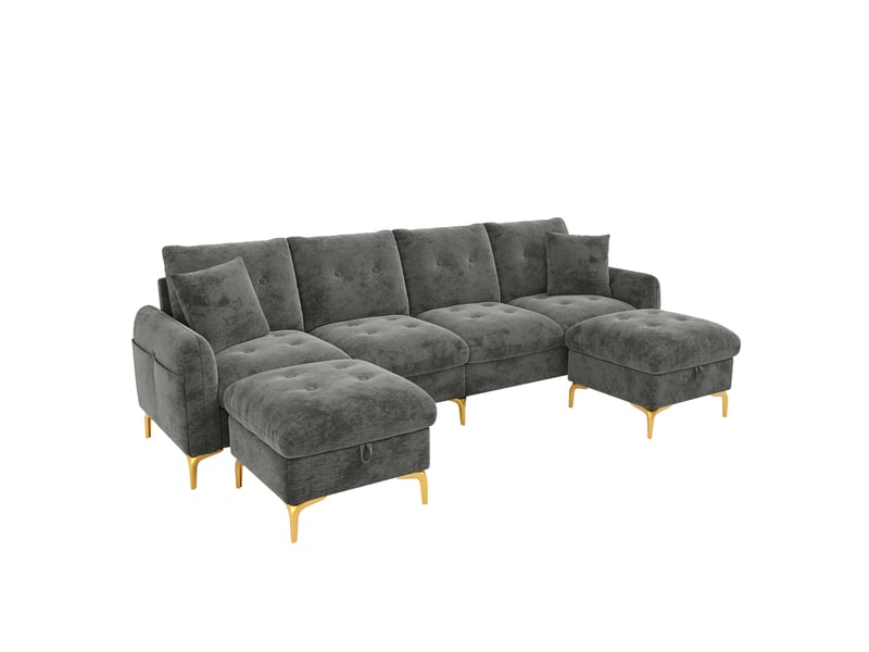  Canapé modulable en u convertible 4 places 263 x 137 x 85 cm, 2 poufs coffre, 2 coussins décoratifs, chenille, gris OMNIGLINT TRADING LTD - Conforama A