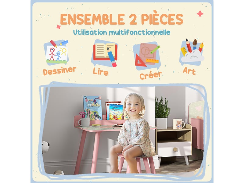  Ensemble table et chaise enfant table pour enfant avec chaise avec porte-livres motifs d'ours pour enfants 3-8 ans rose  - Conforama D