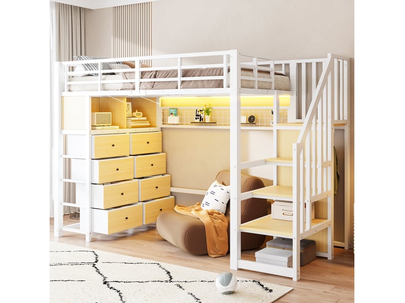 Lit mezzanine 90 × 200 cm avec 8 tiroirs, escalier de rangement, led et étagères pour chambre enfant en métal et mdf - Conforama B