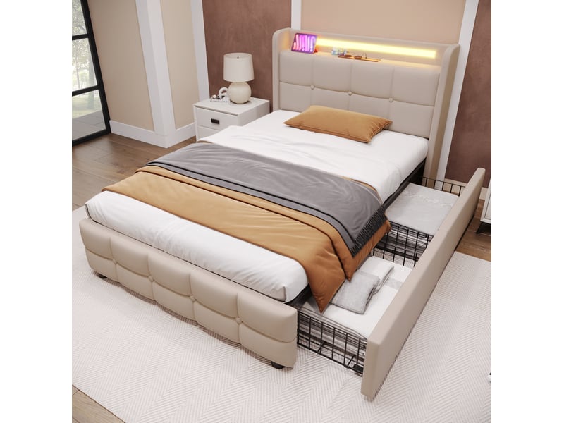  Lit 1 place 90x200 cm avec usb, prises, led et 2 tiroirs, métal et bois, beige sans matelas  - Conforama B
