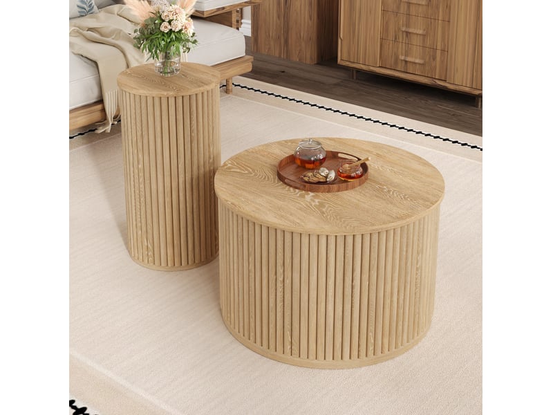  Lot de 2 tables basses rondes 60x60 cm et 30x30 cm, stries verticales, mdf, couleur naturelle  - Conforama B