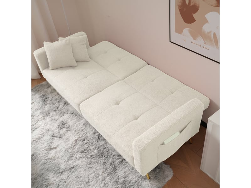  Canapé convertible bouclette blanche 2 places, canapé lit avec pieds dorés et poches latérales, dossier inclinable 175x64x72cm.  - Conforama D
