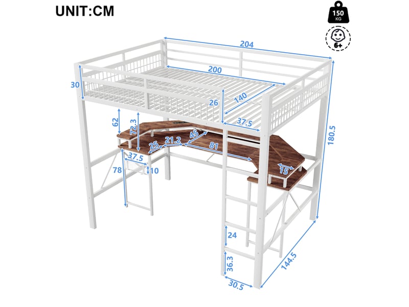 Lit mezzanine 140x200 cm en métal avec bureau, led multicolore et prises, blanc - Conforama C