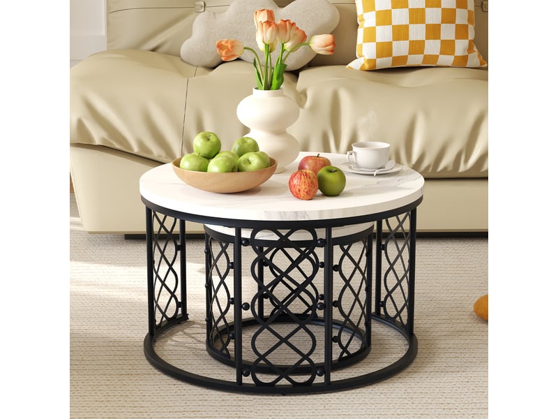  Table basse gigogne ronde 2 pièces effet marbre mdf métal salon cravdom  - Conforama E