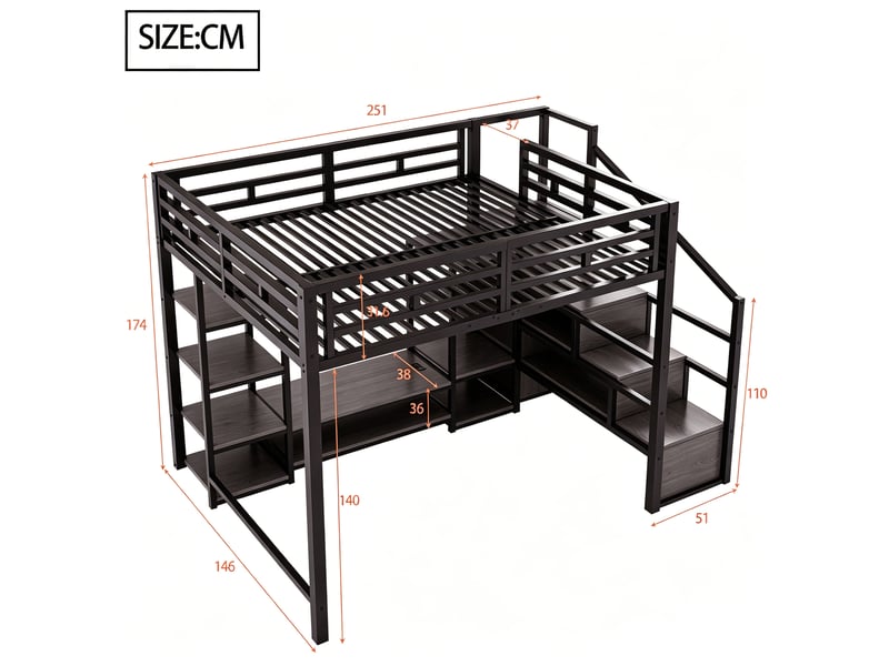  Lit mezzanine enfant 140x200 cm – noir – support tv, prise intégrée et échelle de rangement – sans matelas  - Conforama C